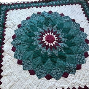 Beautiful Green and Burgundy Stitch Quilt 82x81